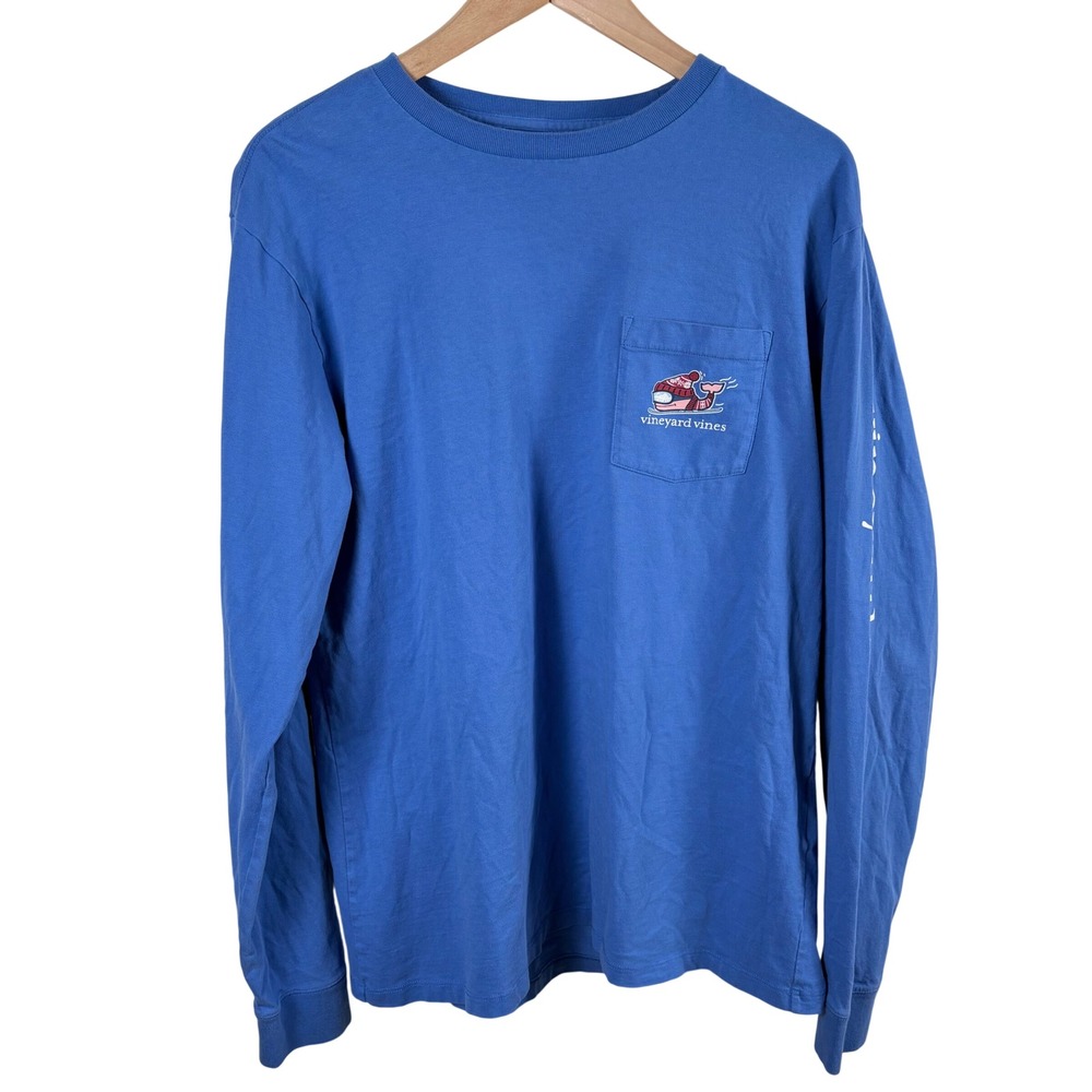 Vineyard Vines Long-Sleeve Shirt Men's M Blue Skiing Whale Graphic Novelty Tee